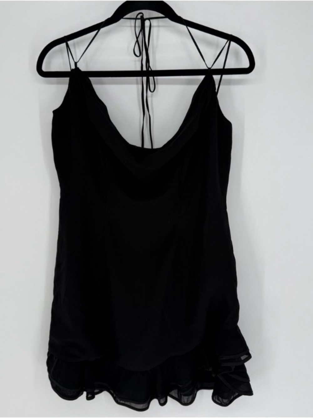 SHEIN Black Cowl-Neck Ruffle Hem Spaghetti-Strap Camisole Dress